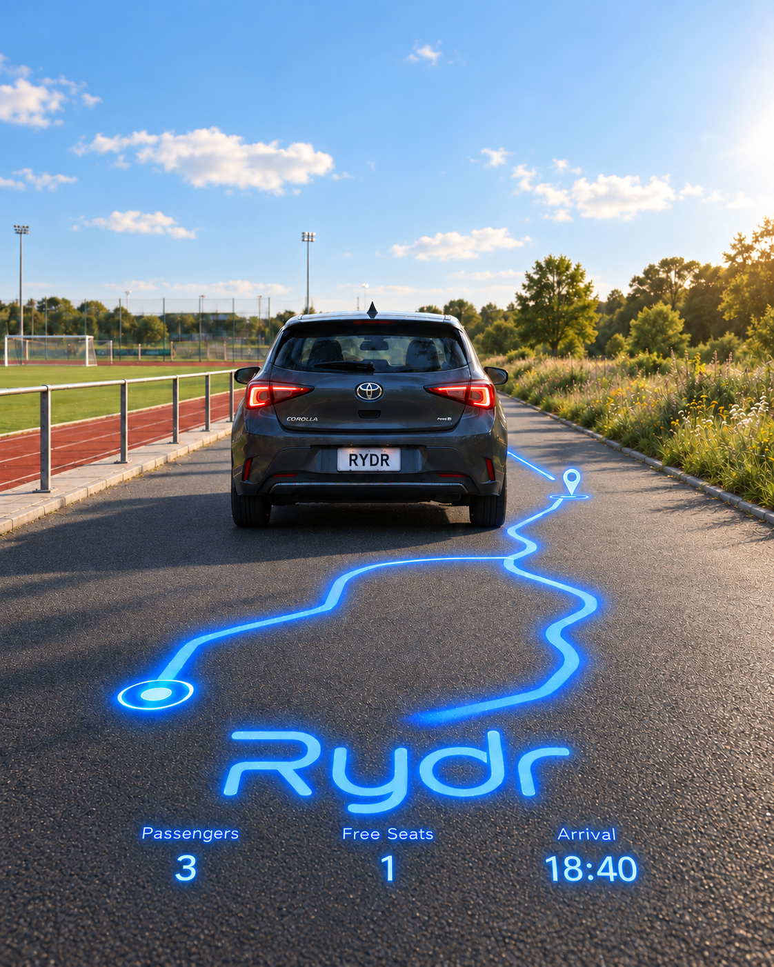 Ein Rydr Fahrzeug folgt einer leuchtenden Route zum Sportplatz.
