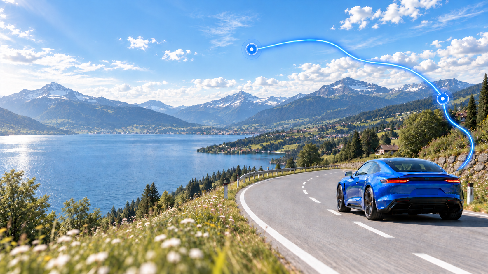 Ein blaues Auto auf einer Alpenstrasse am See mit einer leuchtend blauen Route.